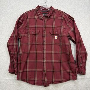 Carhartt Shirt Mens Large Red Plaid Midweight Chambray Long Sleeve Loose Flannel